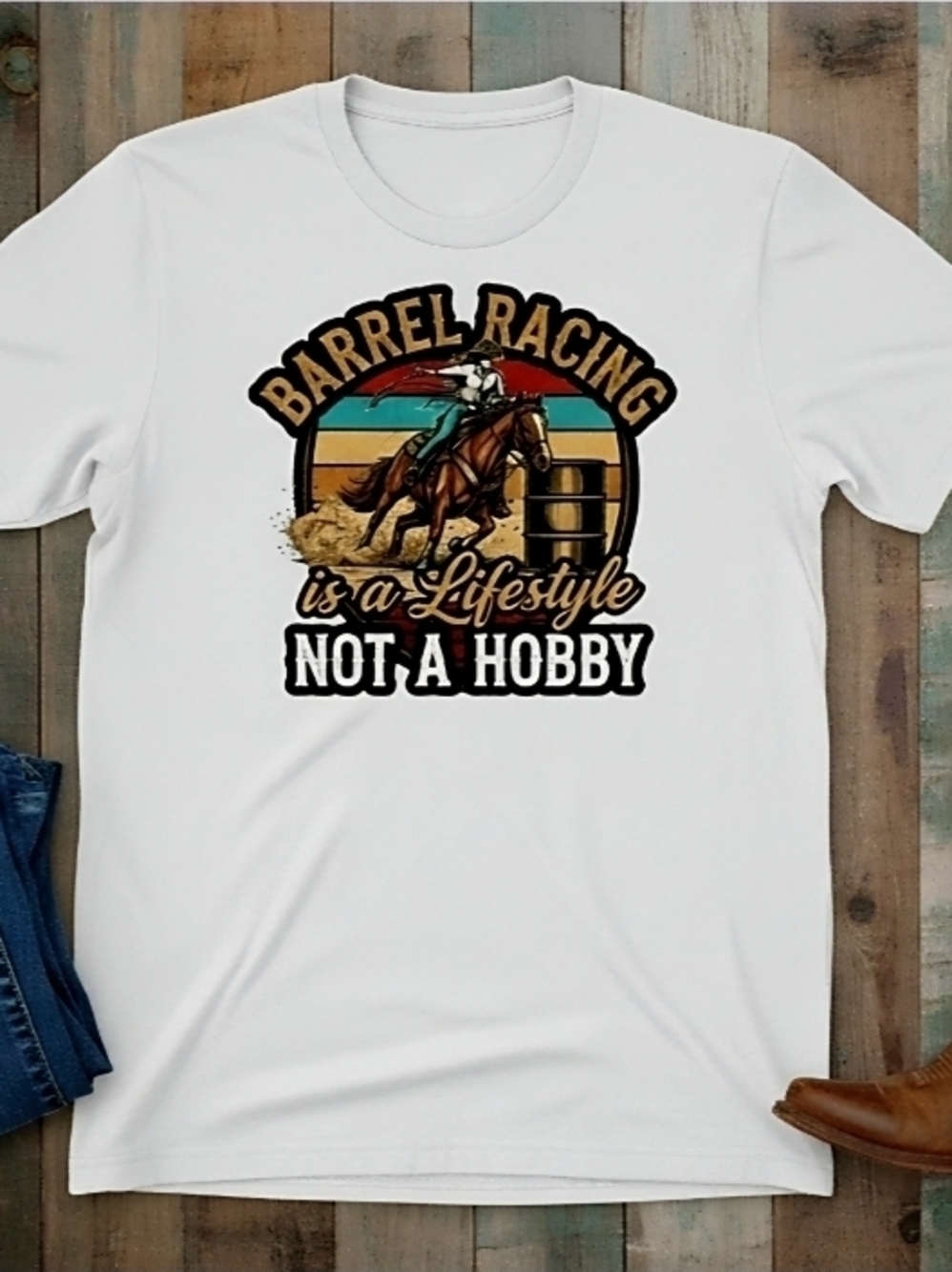 Barrel Racing Tee • Western Rodeo Graphic Shirt • Cowgirl Horse Riding Top - Picture 1 of 16